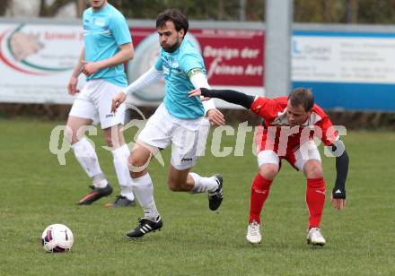 Fussball Unterliga Ost. KAC 1909 gegen St. Margarethen/Lavantal. Laszlo Rozgonji,  (KAC), Roland Schrammel (St. Margarethen). Klagenfurt, am 4.4.2015.
Foto: Kuess
---
pressefotos, pressefotografie, kuess, qs, qspictures, sport, bild, bilder, bilddatenbank