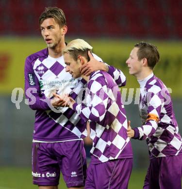 Fussball Regionalliga. SK Austria Klagenfurt gegen Gurten. Torjubel Rajko Rep, Marco Leiniger, Fabian Miesenboeck (Klagenfurt). Klagenfurt,  4.4.2015.
Foto: Kuess
---
pressefotos, pressefotografie, kuess, qs, qspictures, sport, bild, bilder, bilddatenbank