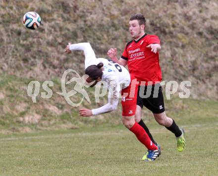 Fussball. Kaerntner Liga. Maria Saal gegen FC Alpe Adria. Michael Fischer (Maria Saal), Milan Andelkovic (Alpe Adria). Maria Saal, 4.4.2015.
Foto: Kuess
---
pressefotos, pressefotografie, kuess, qs, qspictures, sport, bild, bilder, bilddatenbank