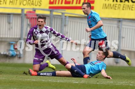 Fussball Regionalliga. SK Austria Klagenfurt gegen Gurten. Dominik Kirschner, (Klagenfurt), Simon Schnaitter  (Gurten). Klagenfurt,  4.4.2015.
Foto: Kuess
---
pressefotos, pressefotografie, kuess, qs, qspictures, sport, bild, bilder, bilddatenbank