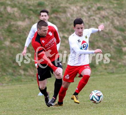 Fussball. Kaerntner Liga. Maria Saal gegen FC Alpe Adria. Zoran Jorgic (Maria Saal), Enes Brdjanovic (Alpe Adria). Maria Saal, 4.4.2015.
Foto: Kuess
---
pressefotos, pressefotografie, kuess, qs, qspictures, sport, bild, bilder, bilddatenbank