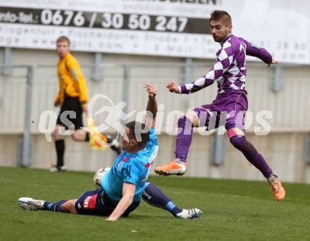 Fussball Regionalliga. SK Austria Klagenfurt gegen Gurten. Armend Spreco, (Klagenfurt), Thomas reiter  (Gurten). Klagenfurt,  4.4.2015.
Foto: Kuess
---
pressefotos, pressefotografie, kuess, qs, qspictures, sport, bild, bilder, bilddatenbank