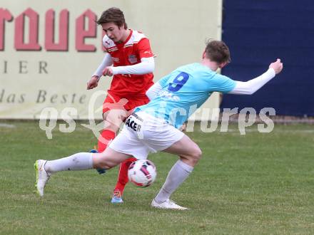 Fussball Unterliga Ost. KAC 1909 gegen St. Margarethen/Lavantal. Michael Eisterlehner, (KAC), Dorian Robert Melcher  (St. Margarethen). Klagenfurt, am 4.4.2015.
Foto: Kuess
---
pressefotos, pressefotografie, kuess, qs, qspictures, sport, bild, bilder, bilddatenbank