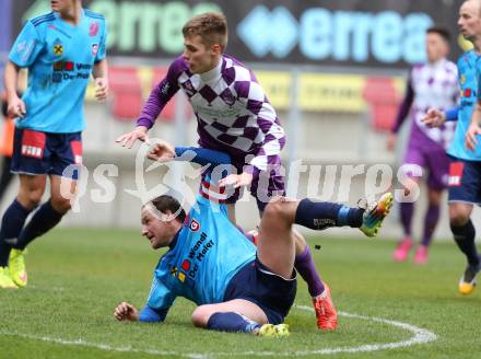 Fussball Regionalliga. SK Austria Klagenfurt gegen Gurten. Patrik Eler,  (Klagenfurt), Martin Feichtinger (Gurten). Klagenfurt,  4.4.2015.
Foto: Kuess
---
pressefotos, pressefotografie, kuess, qs, qspictures, sport, bild, bilder, bilddatenbank