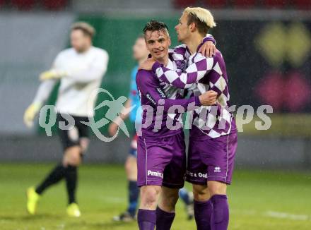 Fussball Regionalliga. SK Austria Klagenfurt gegen Gurten. Torjubel Rajko Rep, Vedran Vinko (Klagenfurt). Klagenfurt,  4.4.2015.
Foto: Kuess
---
pressefotos, pressefotografie, kuess, qs, qspictures, sport, bild, bilder, bilddatenbank