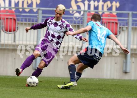 Fussball Regionalliga. SK Austria Klagenfurt gegen Gurten. Rajko Rep,  (Klagenfurt), Patrick Petershofer (Gurten). Klagenfurt,  4.4.2015.
Foto: Kuess
---
pressefotos, pressefotografie, kuess, qs, qspictures, sport, bild, bilder, bilddatenbank