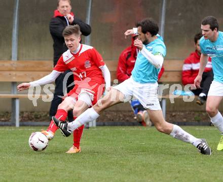 Fussball Unterliga Ost. KAC 1909 gegen St. Margarethen/Lavantal. Florian Richard Peterl, (KAC), Roland Schrammel  (St. Margarethen). Klagenfurt, am 4.4.2015.
Foto: Kuess
---
pressefotos, pressefotografie, kuess, qs, qspictures, sport, bild, bilder, bilddatenbank