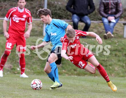 Fussball Unterliga Ost. Ludmannsdorf gegen SG Magdalensberg/Eberndorfer AC. Michael Krainer,  (Ludmannsdorf), Manuel Jedlautschnig (Magdalensberg). Ludmannsdorf, am 5.4.2015.
Foto: Kuess
---
pressefotos, pressefotografie, kuess, qs, qspictures, sport, bild, bilder, bilddatenbank