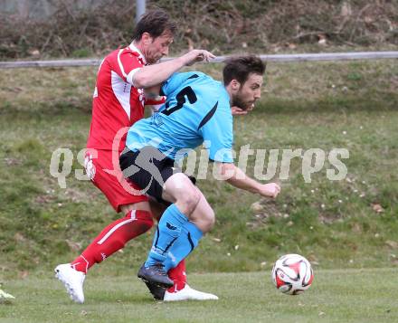 Fussball Unterliga Ost. Ludmannsdorf gegen SG Magdalensberg/Eberndorfer AC. Adalbert Michael Quantschnig,  (Ludmannsdorf), Helmut Koenig (Magdalensberg). Ludmannsdorf, am 5.4.2015.
Foto: Kuess
---
pressefotos, pressefotografie, kuess, qs, qspictures, sport, bild, bilder, bilddatenbank