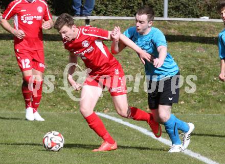 Fussball Unterliga Ost. Ludmannsdorf gegen SG Magdalensberg/Eberndorfer AC. Miralem Ramic,  (Ludmannsdorf), Florian Guenther Vidreis (Magdalensberg). Ludmannsdorf, am 5.4.2015.
Foto: Kuess
---
pressefotos, pressefotografie, kuess, qs, qspictures, sport, bild, bilder, bilddatenbank