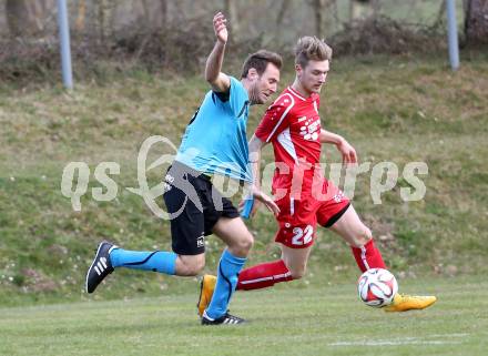 Fussball Unterliga Ost. Ludmannsdorf gegen SG Magdalensberg/Eberndorfer AC. Michael Krainer, (Ludmannsdorf), Florian Oberrisser (Magdalensberg). Ludmannsdorf, am 5.4.2015.
Foto: Kuess
---
pressefotos, pressefotografie, kuess, qs, qspictures, sport, bild, bilder, bilddatenbank