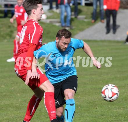 Fussball Unterliga Ost. Ludmannsdorf gegen SG Magdalensberg/Eberndorfer AC. Markus Partl,  (Ludmannsdorf), Kai Water Schoppitsch (Magdalensberg). Ludmannsdorf, am 5.4.2015.
Foto: Kuess
---
pressefotos, pressefotografie, kuess, qs, qspictures, sport, bild, bilder, bilddatenbank