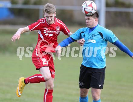 Fussball Unterliga Ost. Ludmannsdorf gegen SG Magdalensberg/Eberndorfer AC. Michael Krainer,  (Ludmannsdorf), Adnan Bajric (Magdalensberg). Ludmannsdorf, am 5.4.2015.
Foto: Kuess
---
pressefotos, pressefotografie, kuess, qs, qspictures, sport, bild, bilder, bilddatenbank