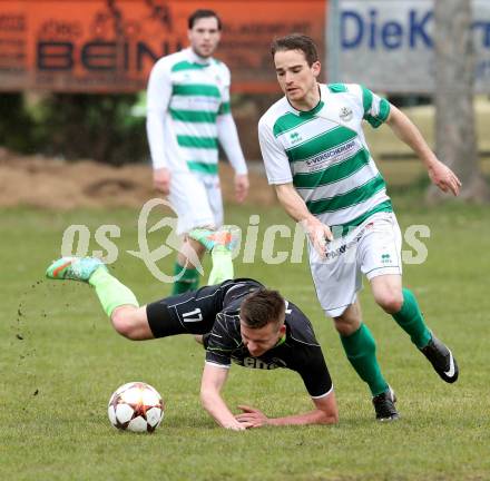 Fussball 1. KLasse Obere Play off. Donau gegen ASK Klagenfurt.  Wolfgang Schoenthaler, (Donau), Thomas Wallner  (ASK). Klagenfurt, am 4.4.2015.
Foto: Kuess
---
pressefotos, pressefotografie, kuess, qs, qspictures, sport, bild, bilder, bilddatenbank