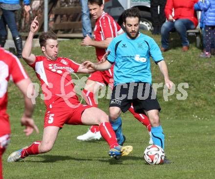 Fussball Unterliga Ost. Ludmannsdorf gegen SG Magdalensberg/Eberndorfer AC. Stefan Kalt,  (Ludmannsdorf), Helmut Koenig (Magdalensberg). Ludmannsdorf, am 5.4.2015.
Foto: Kuess
---
pressefotos, pressefotografie, kuess, qs, qspictures, sport, bild, bilder, bilddatenbank