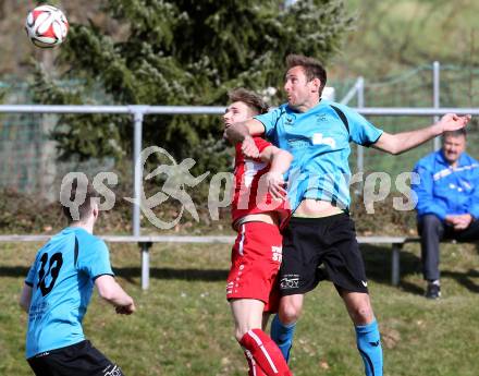 Fussball Unterliga Ost. Ludmannsdorf gegen SG Magdalensberg/Eberndorfer AC. Michael Krainer, (Ludmannsdorf), Florian Oberrisser  (Magdalensberg). Ludmannsdorf, am 5.4.2015.
Foto: Kuess
---
pressefotos, pressefotografie, kuess, qs, qspictures, sport, bild, bilder, bilddatenbank