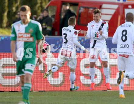 Fussball OEFB Cup. RZ Pellets WAC gegen SK Rapid Wien. Torjubel Manuel Kerhe, Christopher Wernitznig (WAC). Wolfsberg, am 7.4.2015.
Foto: Kuess

---
pressefotos, pressefotografie, kuess, qs, qspictures, sport, bild, bilder, bilddatenbank