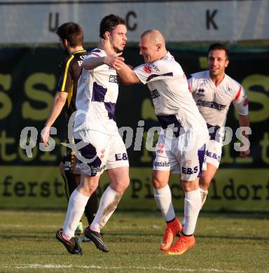 Fussball Regionalliga. SAK gegen Lafnitz.  Torjubel Patrick Lausegger, Christian Dlopst, Murat Veliu (SAK). Welzenegg, am 10.4.2015.
Foto: Kuess
---
pressefotos, pressefotografie, kuess, qs, qspictures, sport, bild, bilder, bilddatenbank