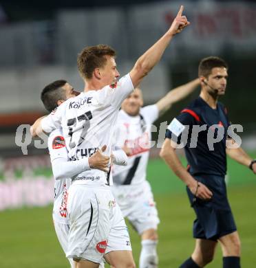 Fussball Bundesliga. RZ Pellets WAC gegen FC Admira Wacker Moedling.  Torjubel Daniel Drescher, Jacobo Ynclan (WAC). Wolfsberg, am 11.4.2015.
Foto: Kuess

---
pressefotos, pressefotografie, kuess, qs, qspictures, sport, bild, bilder, bilddatenbank