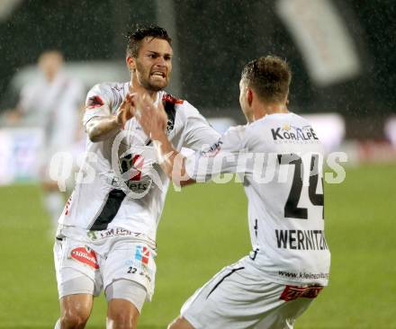 Fussball Bundesliga. RZ Pellets WAC gegen FC Admira Wacker Moedling.  Torjubel Manuel Seidl, Christopher Wernitznig (WAC). Wolfsberg, am 11.4.2015.
Foto: Kuess

---
pressefotos, pressefotografie, kuess, qs, qspictures, sport, bild, bilder, bilddatenbank