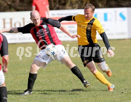 Fussball 1. Klasse D Obere Play Off. St. Margareten/Rosental gegen Grafenstein. Hannes Doujak, (St. Margarethen), Adnan Ibrahimovic  (Grafenstein). St. Margareten, am 12.4.2015.
Foto: Kuess
---
pressefotos, pressefotografie, kuess, qs, qspictures, sport, bild, bilder, bilddatenbank