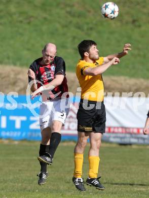 Fussball 1. Klasse D Obere Play Off. St. Margareten/Rosental gegen Grafenstein. Hannes Doujak,  (St. Margarethen), Patrick Gregoritsch (Grafenstein). St. Margareten, am 12.4.2015.
Foto: Kuess
---
pressefotos, pressefotografie, kuess, qs, qspictures, sport, bild, bilder, bilddatenbank