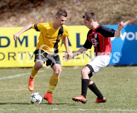 Fussball 1. Klasse D Obere Play Off. St. Margareten/Rosental gegen Grafenstein. Thomas Kogler, (St. Margarethen), Simon Velkoski  (Grafenstein). St. Margareten, am 12.4.2015.
Foto: Kuess
---
pressefotos, pressefotografie, kuess, qs, qspictures, sport, bild, bilder, bilddatenbank