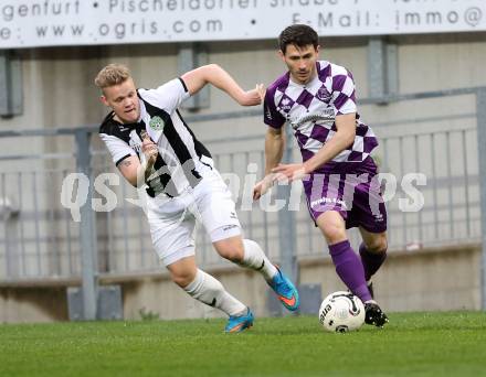 Fussball Regionalliga. SK Austria Klagenfurt gegen SPG FC Pasching/LASK Juniors.  Mirnes Becirovic, (Klagenfurt), Thomas Mayer  (Pasching). Klagenfurt, am 17.4.2015.
Foto: Kuess
---
pressefotos, pressefotografie, kuess, qs, qspictures, sport, bild, bilder, bilddatenbank