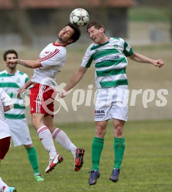 Fussball 1. KLasse A Untere Play Off. Nikolsdorf/Oberdrauburg gegen Obermillstatt. Gernot Peter Niedertscheider,  (Nikolsdorf), Franz Woelscher (Obermillstatt). Nikolsdorf,am 11.4.2015.
Foto: Kuess
---
pressefotos, pressefotografie, kuess, qs, qspictures, sport, bild, bilder, bilddatenbank