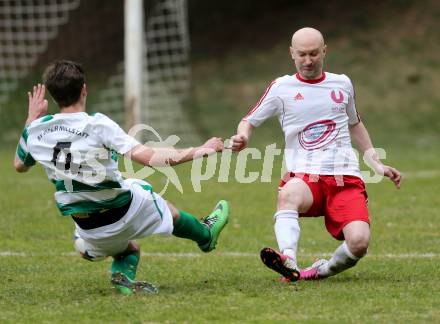 Fussball 1. KLasse A Untere Play Off. Nikolsdorf/Oberdrauburg gegen Obermillstatt.  Marc Angelo Mareschi,  (Nikolsdorf), Dominik Hofer (Obermillstatt). Nikolsdorf,am 11.4.2015.
Foto: Kuess
---
pressefotos, pressefotografie, kuess, qs, qspictures, sport, bild, bilder, bilddatenbank