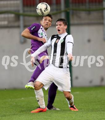 Fussball Regionalliga. SK Austria Klagenfurt gegen SPG FC Pasching/LASK Juniors. Marko Dusak,  (Klagenfurt),  Orhan Vojic (Pasching). Klagenfurt, am 17.4.2015.
Foto: Kuess
---
pressefotos, pressefotografie, kuess, qs, qspictures, sport, bild, bilder, bilddatenbank