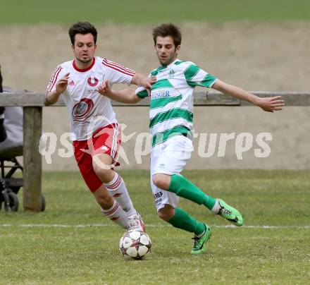 Fussball 1. KLasse A Untere Play Off. Nikolsdorf/Oberdrauburg gegen Obermillstatt. Gernot Peter Niedertscheider, (Nikolsdorf), Dominik Hofer  (Obermillstatt). Nikolsdorf,am 11.4.2015.
Foto: Kuess
---
pressefotos, pressefotografie, kuess, qs, qspictures, sport, bild, bilder, bilddatenbank