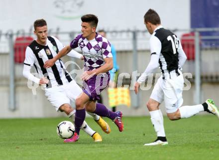 Fussball Regionalliga. SK Austria Klagenfurt gegen SPG FC Pasching/LASK Juniors. Ervin Bevab, (Klagenfurt), Matthias Felber  (Pasching). Klagenfurt, am 17.4.2015.
Foto: Kuess
---
pressefotos, pressefotografie, kuess, qs, qspictures, sport, bild, bilder, bilddatenbank