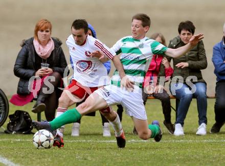 Fussball 1. KLasse A Untere Play Off. Nikolsdorf/Oberdrauburg gegen Obermillstatt. Amer Jukan,  (Nikolsdorf), Franz Woelscher (Obermillstatt). Nikolsdorf,am 11.4.2015.
Foto: Kuess
---
pressefotos, pressefotografie, kuess, qs, qspictures, sport, bild, bilder, bilddatenbank