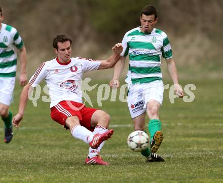 Fussball 1. KLasse A Untere Play Off. Nikolsdorf/Oberdrauburg gegen Obermillstatt. Martin Trutschnig,  (Nikolsdorf), Martin Huber (Obermillstatt). Nikolsdorf,am 11.4.2015.
Foto: Kuess
---
pressefotos, pressefotografie, kuess, qs, qspictures, sport, bild, bilder, bilddatenbank