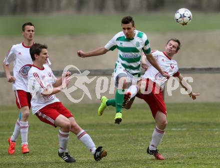 Fussball 1. KLasse A Untere Play Off. Nikolsdorf/Oberdrauburg gegen Obermillstatt. Patrick Mair, (Nikolsdorf), Maximilian Mayr  (Obermillstatt). Nikolsdorf,am 11.4.2015.
Foto: Kuess
---
pressefotos, pressefotografie, kuess, qs, qspictures, sport, bild, bilder, bilddatenbank