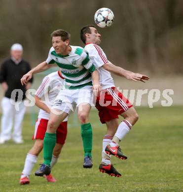 Fussball 1. KLasse A Untere Play Off. Nikolsdorf/Oberdrauburg gegen Obermillstatt.  Amer Jukan, (Nikolsdorf), Franz Woelscher  (Obermillstatt). Nikolsdorf,am 11.4.2015.
Foto: Kuess
---
pressefotos, pressefotografie, kuess, qs, qspictures, sport, bild, bilder, bilddatenbank