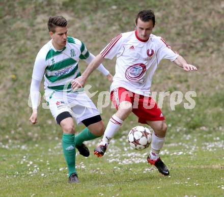 Fussball 1. KLasse A Untere Play Off. Nikolsdorf/Oberdrauburg gegen Obermillstatt. Amer Jukan,  (Nikolsdorf), Stefan Brugger (Obermillstatt). Nikolsdorf,am 11.4.2015.
Foto: Kuess
---
pressefotos, pressefotografie, kuess, qs, qspictures, sport, bild, bilder, bilddatenbank