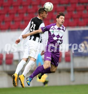 Fussball Regionalliga. SK Austria Klagenfurt gegen SPG FC Pasching/LASK Juniors. Bernd Kager,  (Klagenfurt), Felix Luckeneder (Pasching). Klagenfurt, am 17.4.2015.
Foto: Kuess
---
pressefotos, pressefotografie, kuess, qs, qspictures, sport, bild, bilder, bilddatenbank