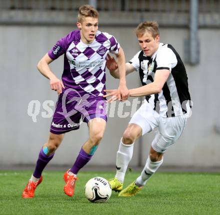 Fussball Regionalliga. SK Austria Klagenfurt gegen SPG FC Pasching/LASK Juniors. Patrik Eler,  (Klagenfurt), Stefan Hager (Pasching). Klagenfurt, am 17.4.2015.
Foto: Kuess
---
pressefotos, pressefotografie, kuess, qs, qspictures, sport, bild, bilder, bilddatenbank