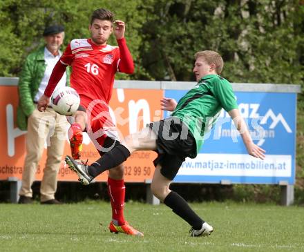 Fussball Unterliga Ost. KAC 1909 gegen Ulrichsberg. David Rass,  (KAC), Michael Rauter (Ulrichsberg). Klagenfurt, am 18.4.2015. 
Foto: Kuess
---
pressefotos, pressefotografie, kuess, qs, qspictures, sport, bild, bilder, bilddatenbank