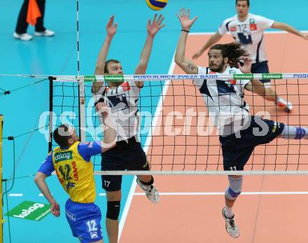 Volleyball. AVL. Austrian Volley League. Finale. SK Posojilnica Aich/Dob gegen Hypo Tirol VT. Pedro Frances, Oliver Venno (Tirol). Bleiburg, 18. 4. 2015.
Foto: Kuess
---
pressefotos, pressefotografie, kuess, qs, qspictures, sport, bild, bilder, bilddatenbank