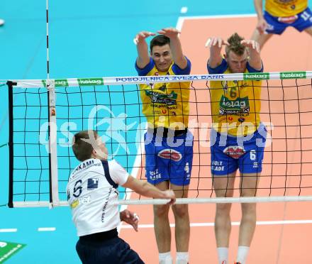 Volleyball. AVL. Austrian Volley League. Finale. SK Posojilnica Aich/Dob gegen Hypo Tirol VT. Filip Palgut, Peter Wohlfahrtstaetter,  (Aich/Dob). Bleiburg, 18. 4. 2015.
Foto: Kuess
---
pressefotos, pressefotografie, kuess, qs, qspictures, sport, bild, bilder, bilddatenbank