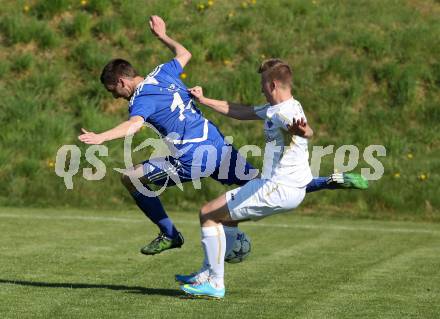 Fussball Unterliga Ost. SPG FC Poggersdorf gegen Ruden. Daniel Glaboniat,  (Poggersdorf), Josef Kraker (Ruden). Poggersdorf, am 19.4.2015.
Foto: Kuess
---
pressefotos, pressefotografie, kuess, qs, qspictures, sport, bild, bilder, bilddatenbank