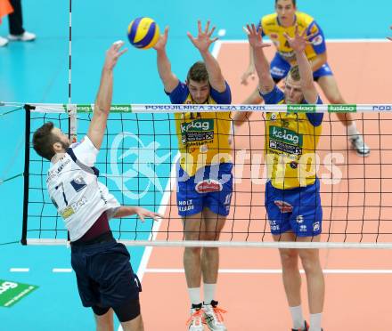 Volleyball. AVL. Austrian Volley League. Finale. SK Posojilnica Aich/Dob gegen Hypo Tirol VT. Danijel Koncilja, Peter Wohlfahrtstaetter,  (Aich/Dob). Bleiburg, 18. 4. 2015.
Foto: Kuess
---
pressefotos, pressefotografie, kuess, qs, qspictures, sport, bild, bilder, bilddatenbank