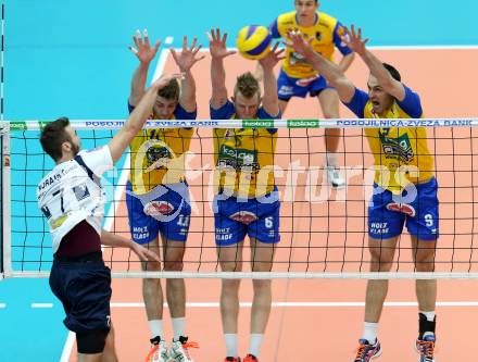 Volleyball. AVL. Austrian Volley League. Finale. SK Posojilnica Aich/Dob gegen Hypo Tirol VT. Danijel Koncilja, Peter Wohlfahrtstaetter,  Andrej Grut (Aich/Dob). Bleiburg, 18. 4. 2015.
Foto: Kuess
---
pressefotos, pressefotografie, kuess, qs, qspictures, sport, bild, bilder, bilddatenbank