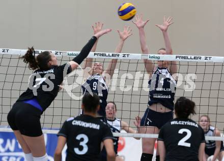 WVL. Women Volley League. ATSC Wildcats gegen SVS Post Schwechat.  Epure Alexandra, Mueller Sabrina (Wildcats). KLagenfurt, am 25.4.2015.
Foto: Kuess
---
pressefotos, pressefotografie, kuess, qs, qspictures, sport, bild, bilder, bilddatenbank