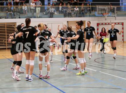 WVL. Women Volley League. ATSC Wildcats gegen SVS Post Schwechat.  Jubel (Post). KLagenfurt, am 25.4.2015.
Foto: Kuess
---
pressefotos, pressefotografie, kuess, qs, qspictures, sport, bild, bilder, bilddatenbank