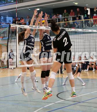 WVL. Women Volley League. ATSC Wildcats gegen SVS Post Schwechat.  Katz Daniela, Mueller Sabrina (Wildcats), Marzena Wilczynska (Post). KLagenfurt, am 25.4.2015.
Foto: Kuess
---
pressefotos, pressefotografie, kuess, qs, qspictures, sport, bild, bilder, bilddatenbank