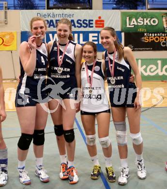 WVL. Women Volley League. ATSC Wildcats gegen SVS Post Schwechat.  Mueller Sabrina, Holzer Katharina, Baumgartner Veronika, Pajer Anna (Wildcats). KLagenfurt, am 25.4.2015.
Foto: Kuess
---
pressefotos, pressefotografie, kuess, qs, qspictures, sport, bild, bilder, bilddatenbank